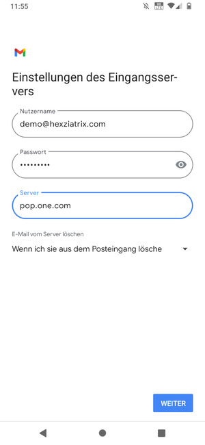 Geben Sie Benutzername und die Server-Adresse für eingehende Post ein. Wählen Sie WEITER