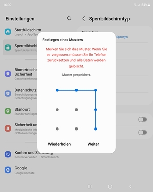 Zeichnen Sie ein Entsperrmuster und wählen Sie Weiter