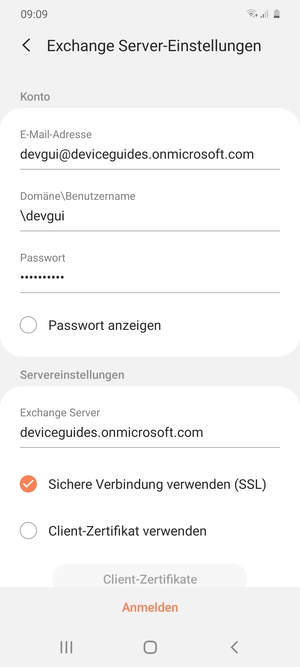Geben Sie Benutzername und Exchange Server-Adresse ein. Wählen Sie Anmelden