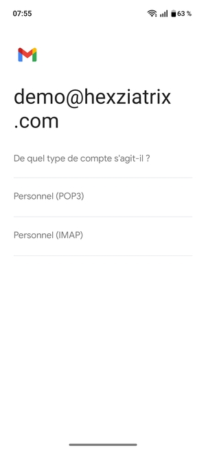 Sélectionnez Personnel (POP3) ou Personnel (IMAP)