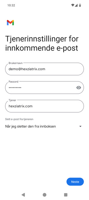 Skriv inn Brukernavn og innkommende serveradresse. Velg Neste