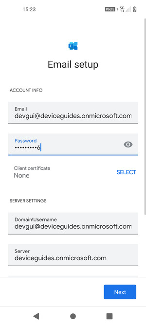 Enter Username and Exchange server address. Select Next