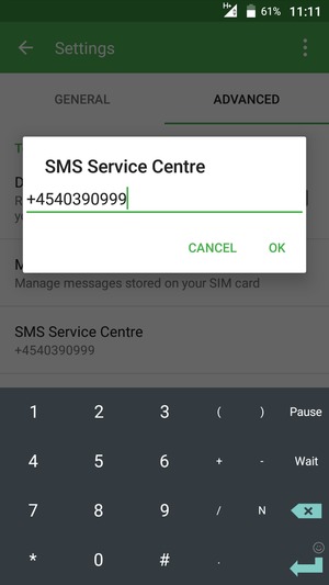 Enter the SMS Service Centre number and select OK
