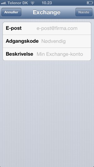 Indtast Exchange e-mail oplysninger og vælg Næste