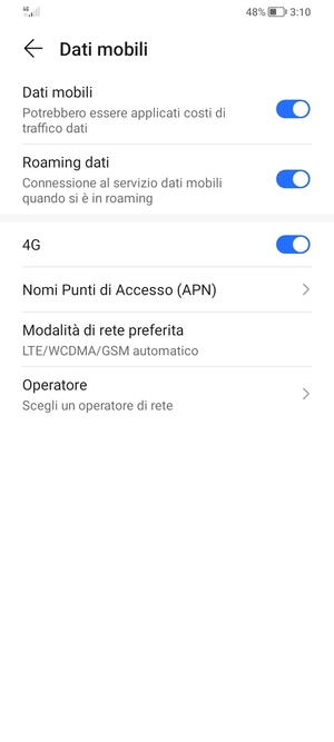 Attiva o disattiva Roaming dati