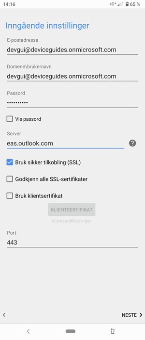 Skriv inn Brukernavn og Exchange serveradresse. Velg NESTE