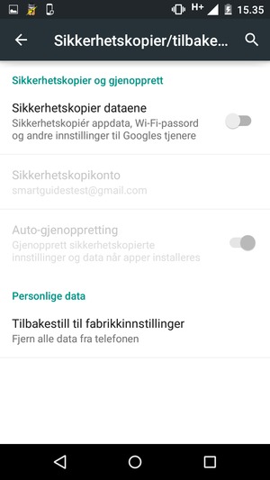 Slå på Sikkerhetskopier dataene