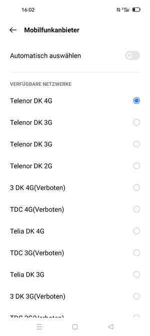 Wählen Sie einen Netzbetreiber von der Liste