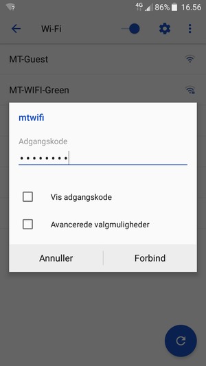 Indtast Wi-Fi adgangskoden og vælg Forbind