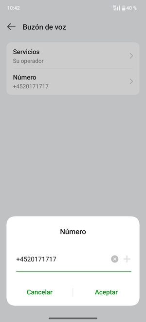 Introduzca el Número del buzón de voz y seleccione Aceptar