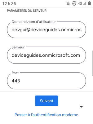 Saisissez votre Nom d'utilisateur et l'adresse du serveur Exchange. Sélectionnez Suivant