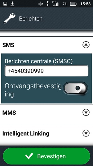 Voer het Berichten centrale (SMSC) nummer in en selecteer Bevestigen