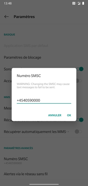 Saisissez le Numéro SMSC et sélectionnez OK