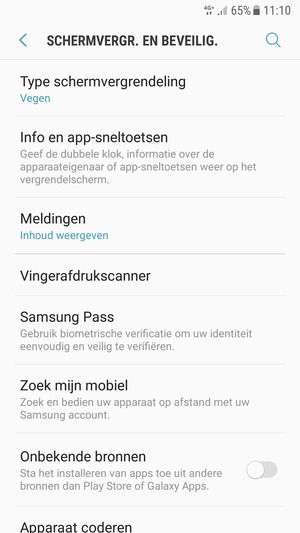 Om uw schermvergrendeling te activeren, ga naar het Schermvergr. en beveilig.-menu en selecteer Type schermvergrendeling