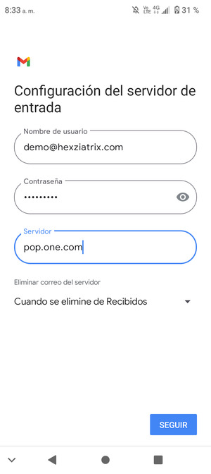 Introduzca Nombre de usuario y la dirección de servidor entrada. Seleccione SEGUIR