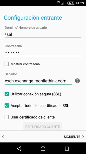 Introduzca Nombre de usuario y la dirección de servidor Exchange. Seleccione SIGUIENTE