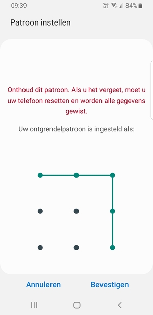 Teken het ontgrendelingspatroon nogmaals en selecteer Bevestigen