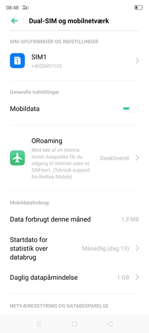 Vælg SIM1 eller SIM2