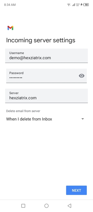 Enter Username and Incoming server address. Select NEXT
