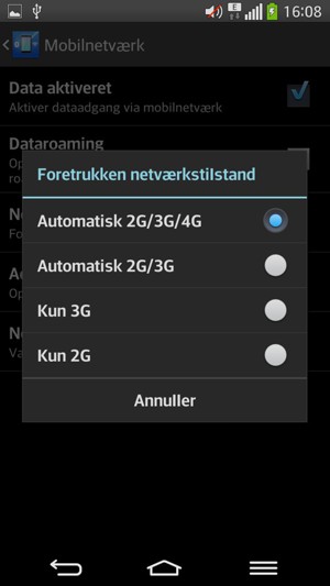 Vælg Kun 2G for at aktivere 2G
