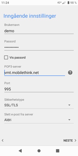Skriv inn Brukernavn og innkommende serveradresse