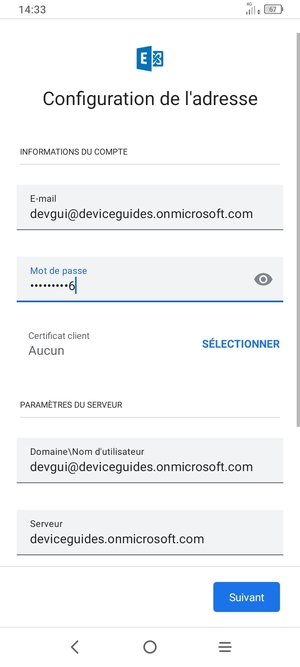 Saisissez votre Nom d'utilisateur et l'adresse du serveur Exchange. Sélectionnez Suivant