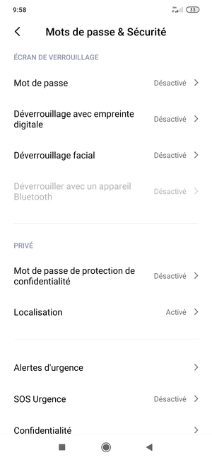 Pour activer votre écran de verrouillage, allez dans le menu Mots de passe & Sécurité et sélectionnez Mot de passe