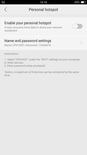 Turn on Enable your personal hotspot