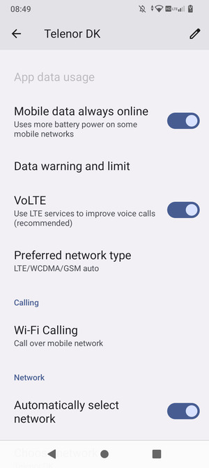 Scroll to and select Preferred network type