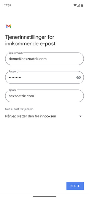 Skriv inn Brukernavn og innkommende serveradresse. Velg NESTE