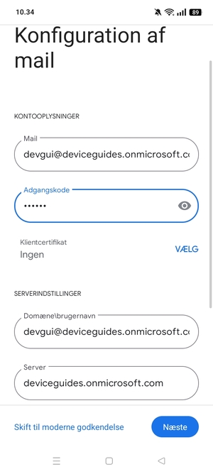 Indtast Brugernavn og Exchange serveradresse. Vælg Næste