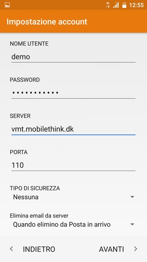 Inserisci NOME UTENTE e l'indirizzo del server di posta in arrivo. Seleziona AVANTI