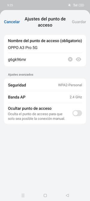 Introduzca una contraseña de punto de acceso Wi-Fi de al menos 8 caracteres y seleccione Guardar