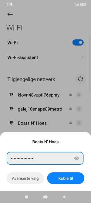 Skriv inn Wi-Fi-passord og velg Koble til