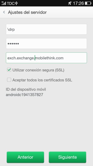 Introduzca Nombre de usario y la dirección de servidor Exchange. Seleccione Siguiente