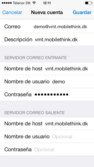 Introduzca la información correo para el SERVIDOR CORREO SALIENTE y seleccione Guardar