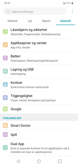 Gå tilbake til Generelt-menyen og velg Kontoer