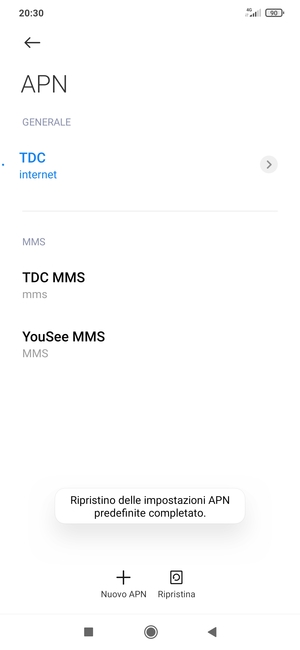 Le impostazioni del tuo telefono saranno ripristinate secondo le impostazioni internet e MMS predefinite