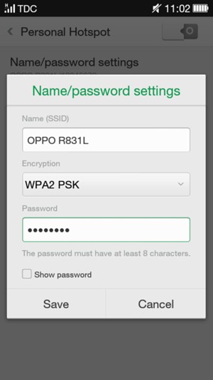 Enter a Wi-Fi hotspot password of at least 8 characters and select Save