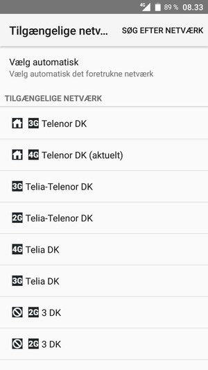 Vælg en netværksudbyder fra listen