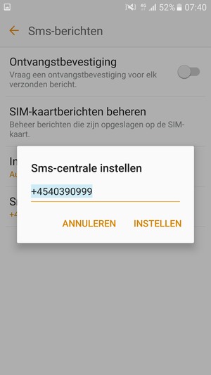 Voer het SMS-centrale nummer in en selecteer INSTELLEN