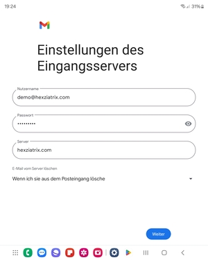Geben Sie Benutzername und die Server-Adresse für eingehende Post ein. Wählen Sie Weiter