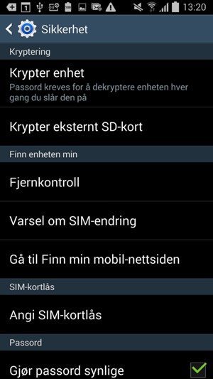 For å aktivere skjermlåsen, gå til Sikkerhet-menyen og velg Krypter enhet
