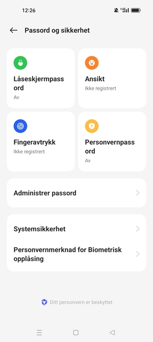 For å aktivere skjermlåsen, gå til Passord og sikkerhet-menyen og velg Låseskjermpassord