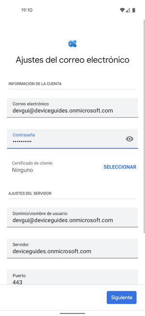 Introduzca Nombre de usuario y la dirección de servidor Exchange. Seleccione Siguiente
