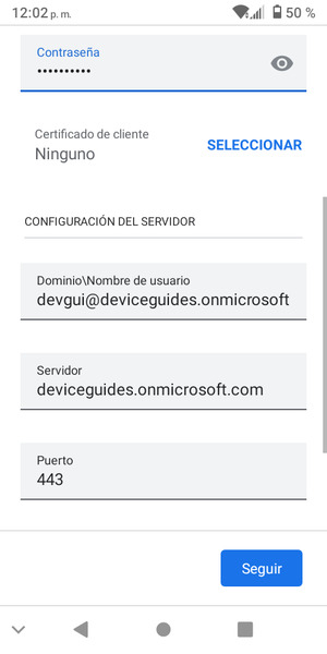 Introduzca Nombre de usuario y la dirección de servidor Exchange. Seleccione Seguir