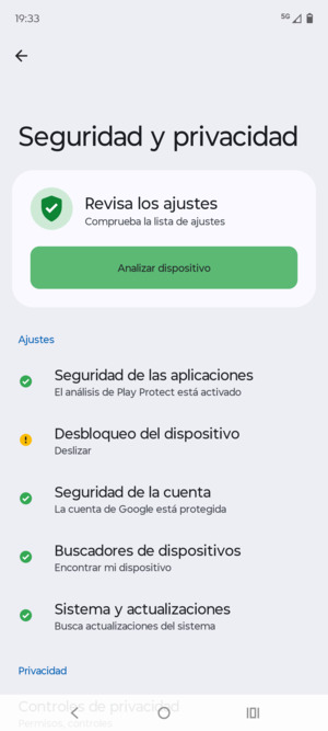 Para activar su bloqueo de pantalla, vaya al menú Seguridad y privacidad y seleccione Desbloqueo del dispositivo