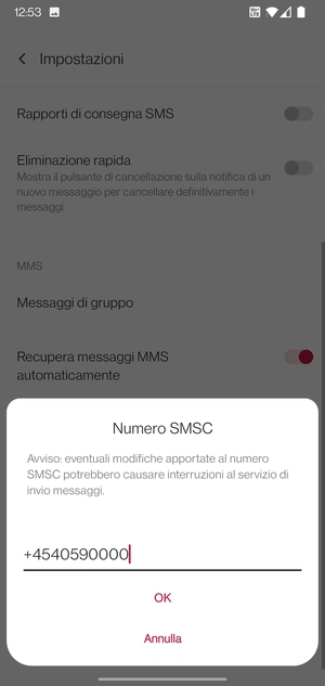 Inserisci Numero SMSC e seleziona OK