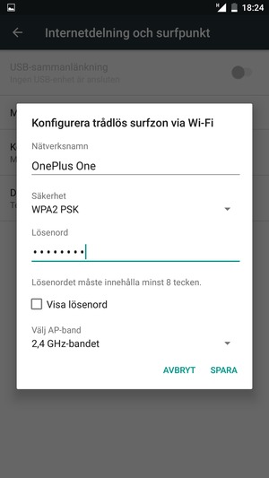 Ange ett lösenord för Wi-Fi-hotspoten, bestående av minst 8 tecken och välj SPARA