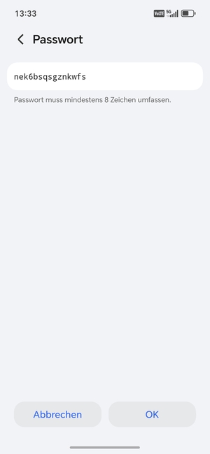 Geben Sie eine WLAN-Hotspot-Passwort mit mindestens 8 Zeichen ein und wählen Sie OK